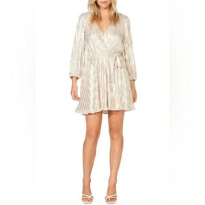BARDOT Bellissa Pleated Long Sleeve Faux Rap Dress in Champagne Size Small NWOT